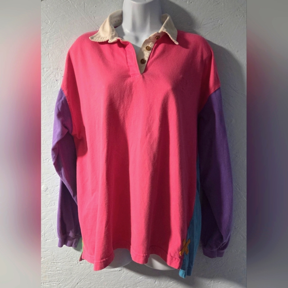 Vintage 80s Men's Clean Clothes Bright Colorblock Long-Sleeve Polo Shirt - L
